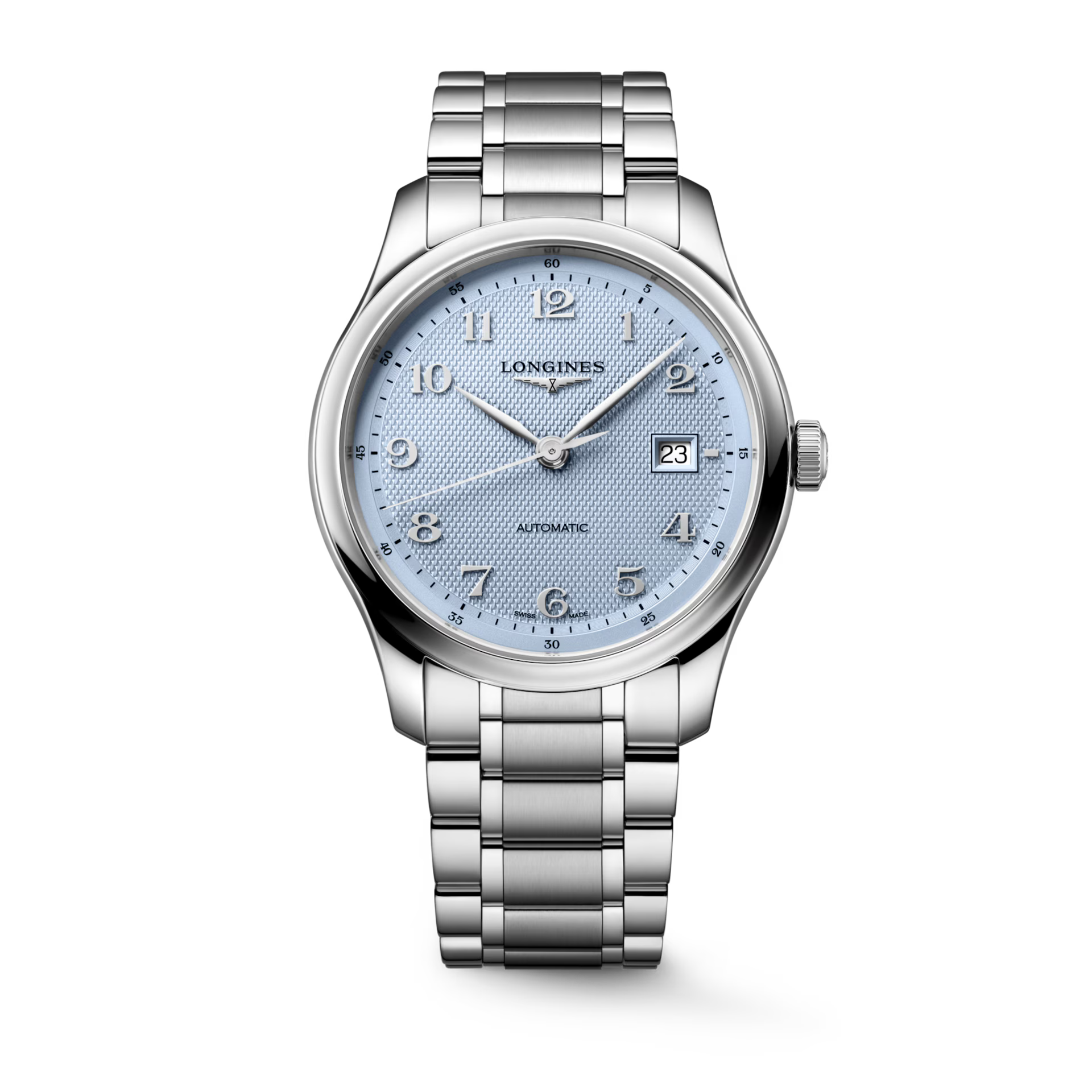 Longines stainless steel watch with light blue barleycorn dial, date window, and Arabic numerals on three-link bracelet.