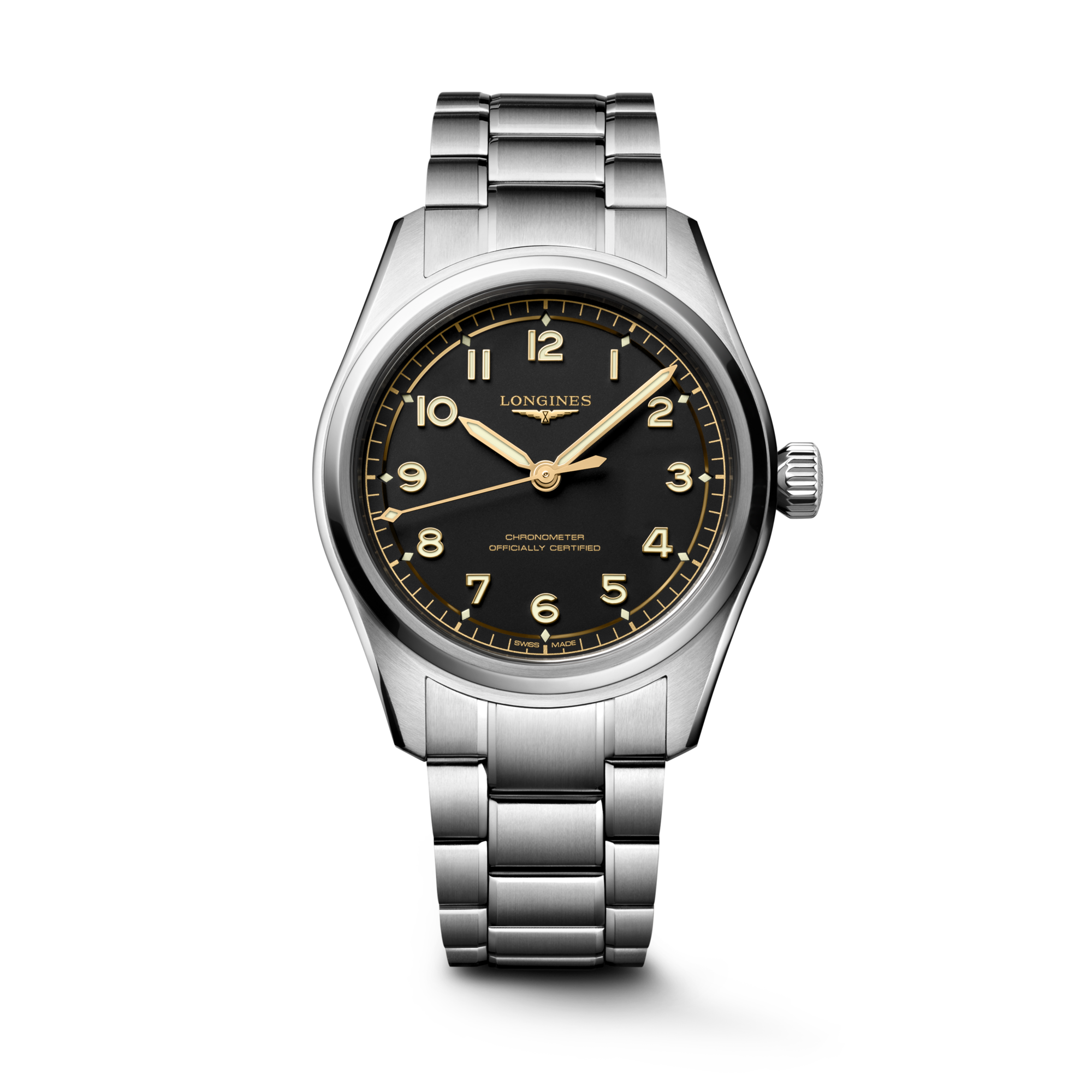 Longines Spirit Pilot watch with steel band and black and gold face