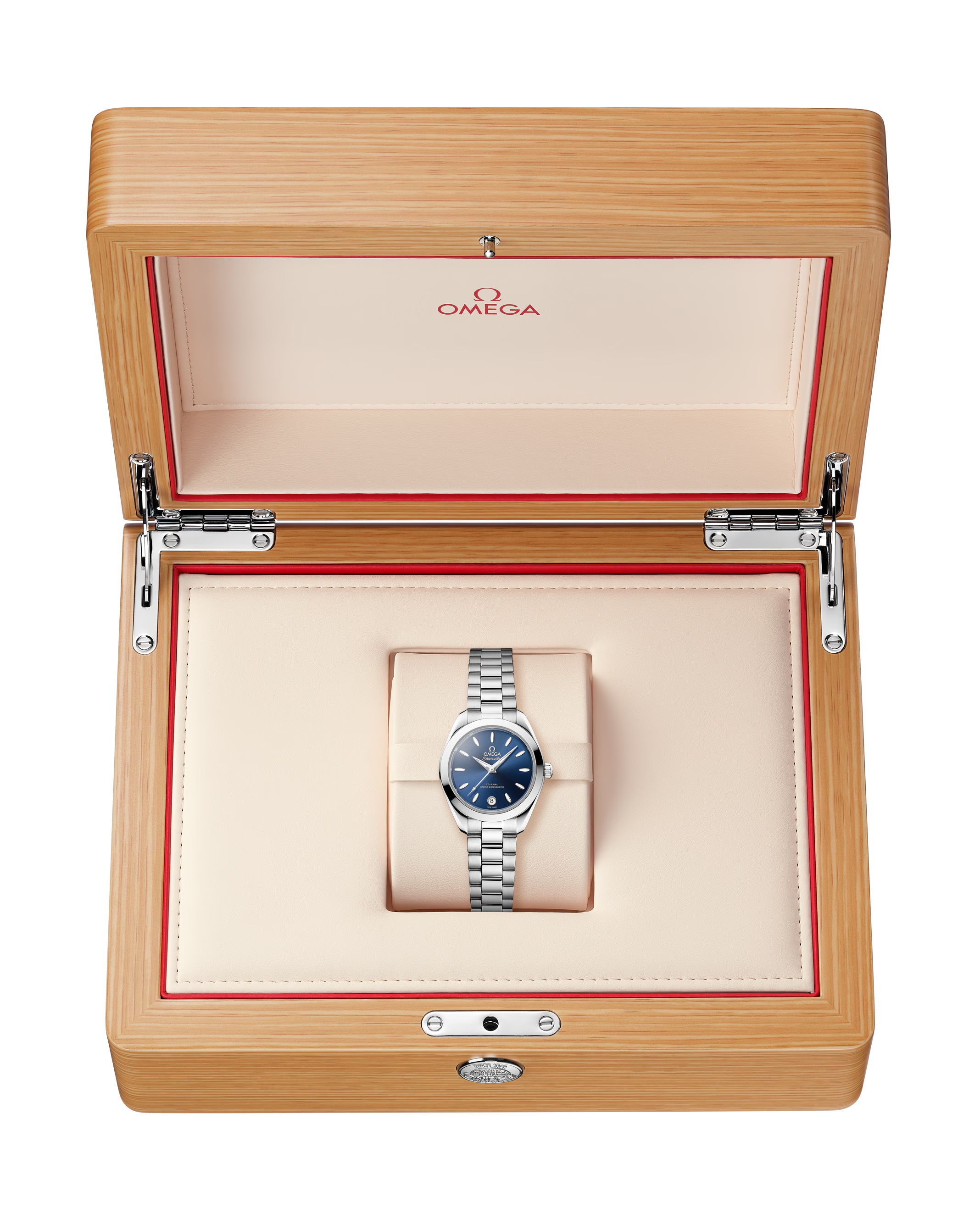 OMEGA Seamaster Aqua Terra 150M 30mm Steel on Steel Blue Dial Watch in a wooden box