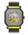The back of a Gerald Charles Maestro GC Sport Tennis Limited Edition watch shows visible gears, a gold rotor, and a black and yellow strap.