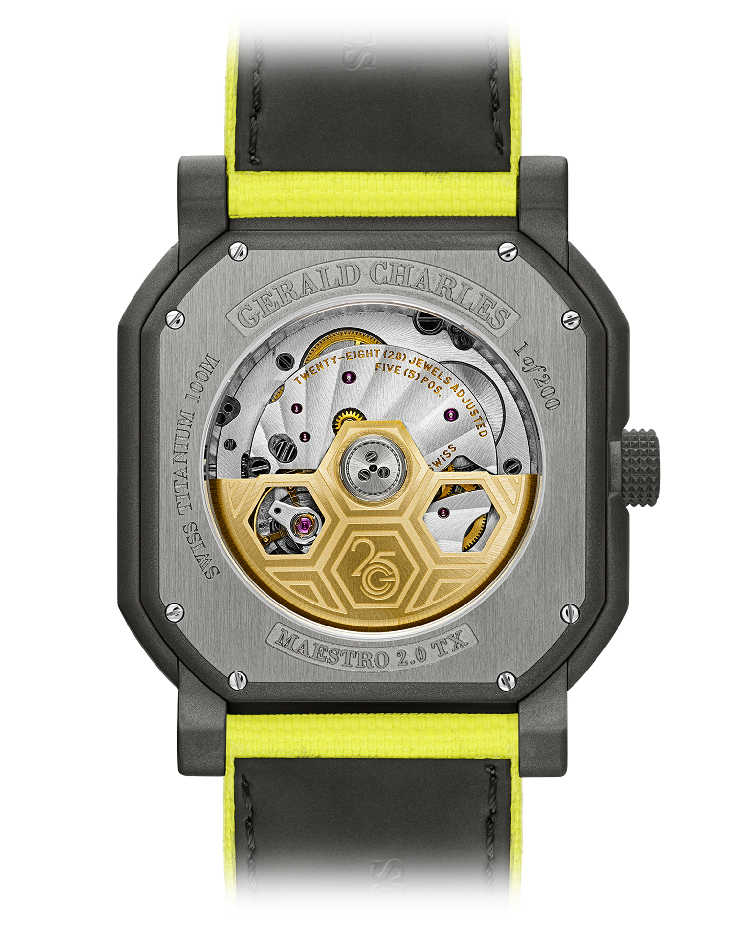 The back of a Gerald Charles Maestro GC Sport Tennis Limited Edition watch shows visible gears, a gold rotor, and a black and yellow strap.
