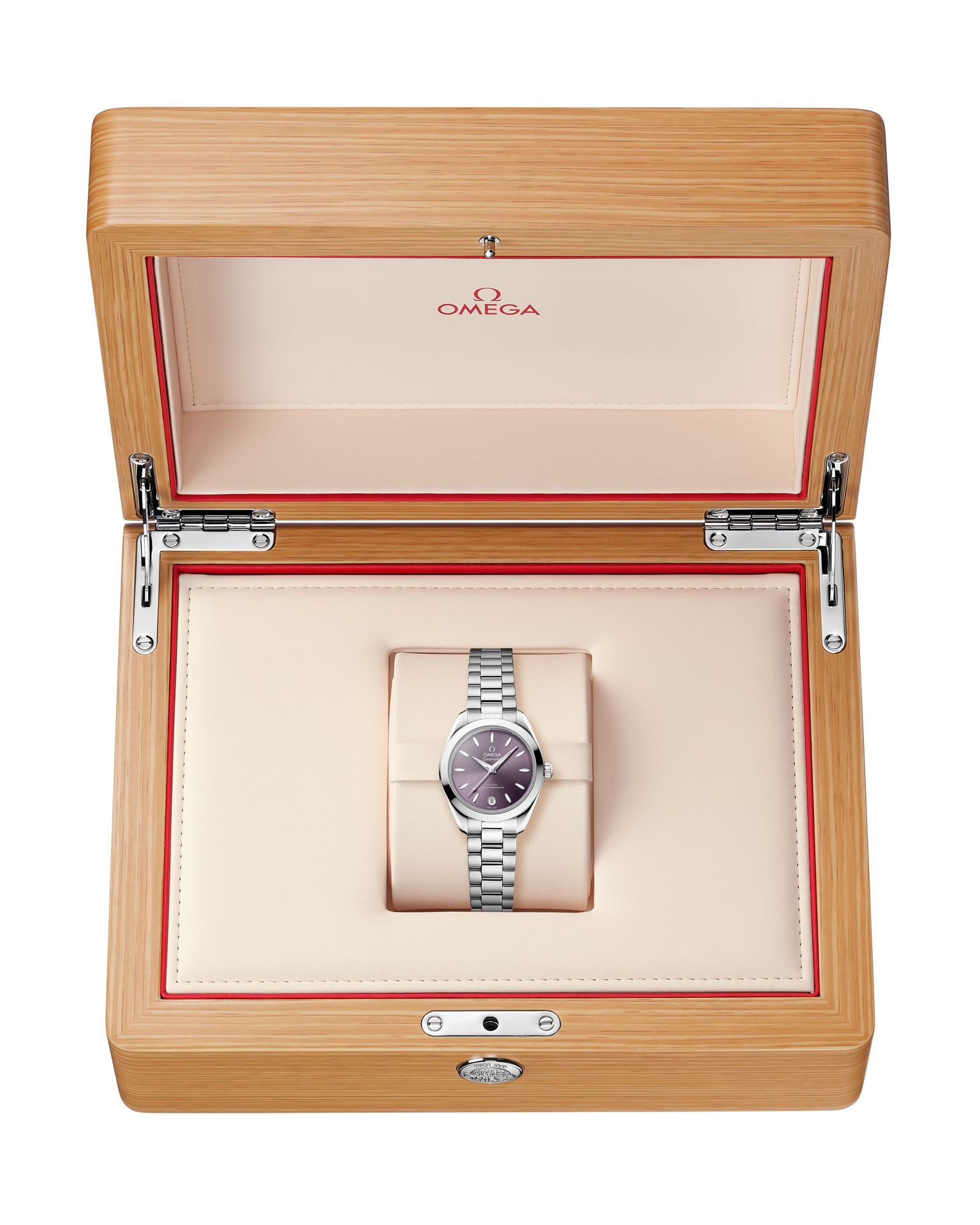 OMEGA Seamaster Aqua Terra 150M 30mm Steel on Steel Lavender Dial Watch in a wooden box