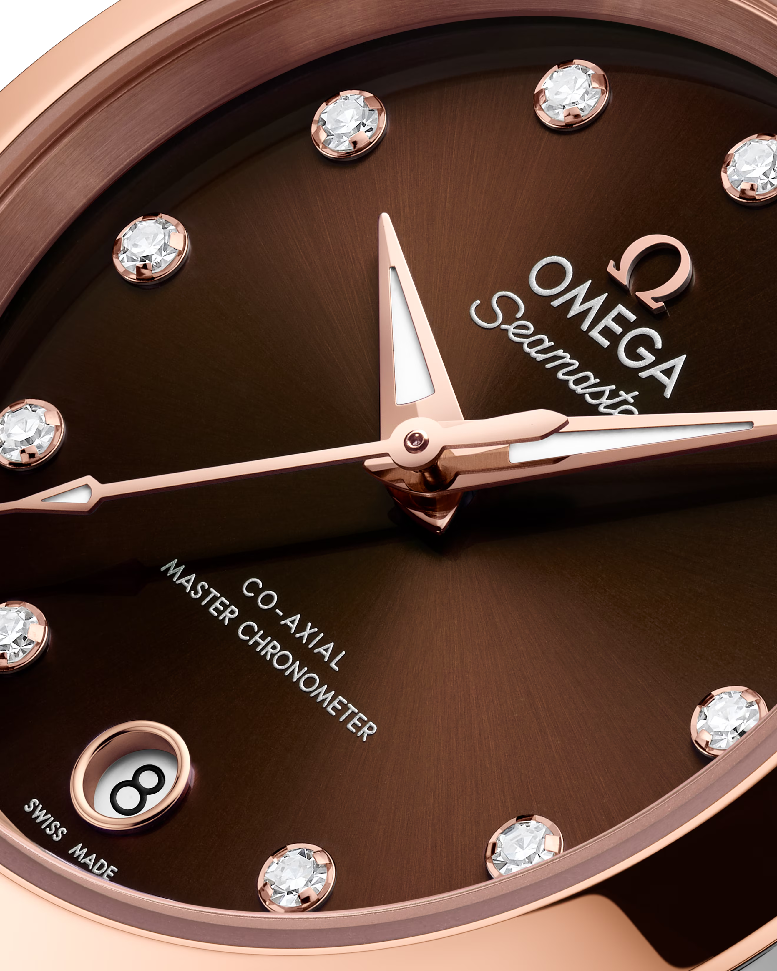 OMEGA Seamaster Aqua Terra 150M 30mm, Sedna™ gold on steel, Sedna™ gold Bezel, Brown Dial Watch with Diamond Markers on a Sedna™ gold on steel integrated two-tone bracelet.